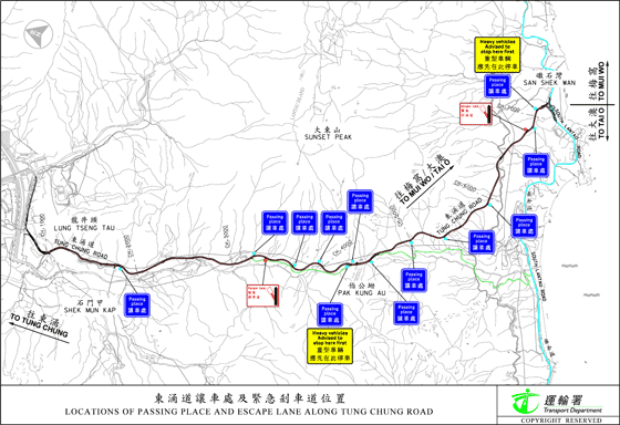 Locations of Passing Place and Escape Lane Along Tung Chung Road