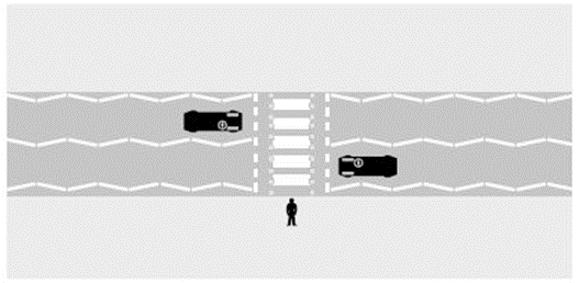 等上下行方向的車輛停定，才可沿斑馬綫橫過馬路示意圖