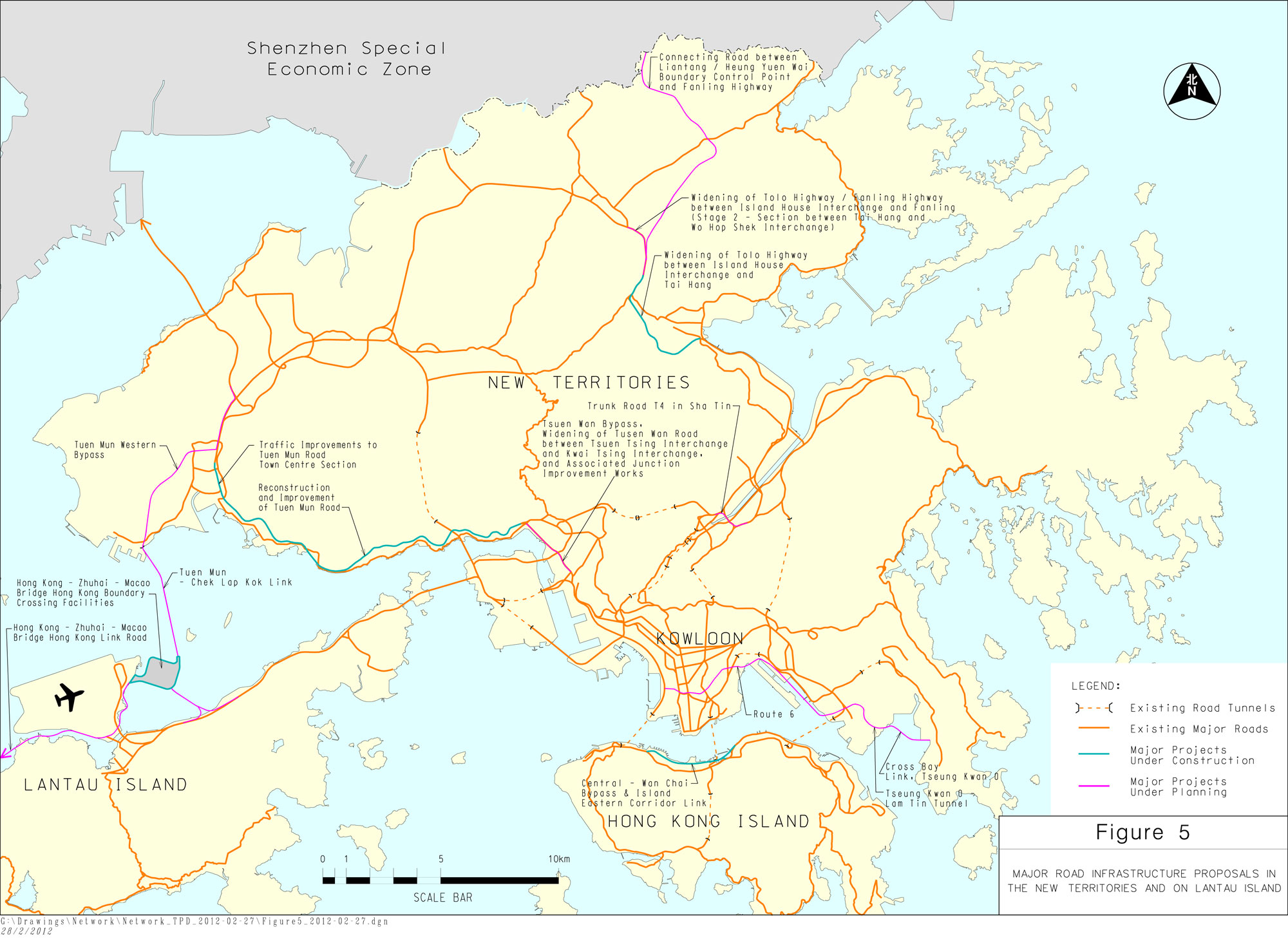 Figure 5 shows the major road infrastructure proposals in the New Territories and on Lantau Island. Description text is below the figure. For project details, please click Table 1.2. 