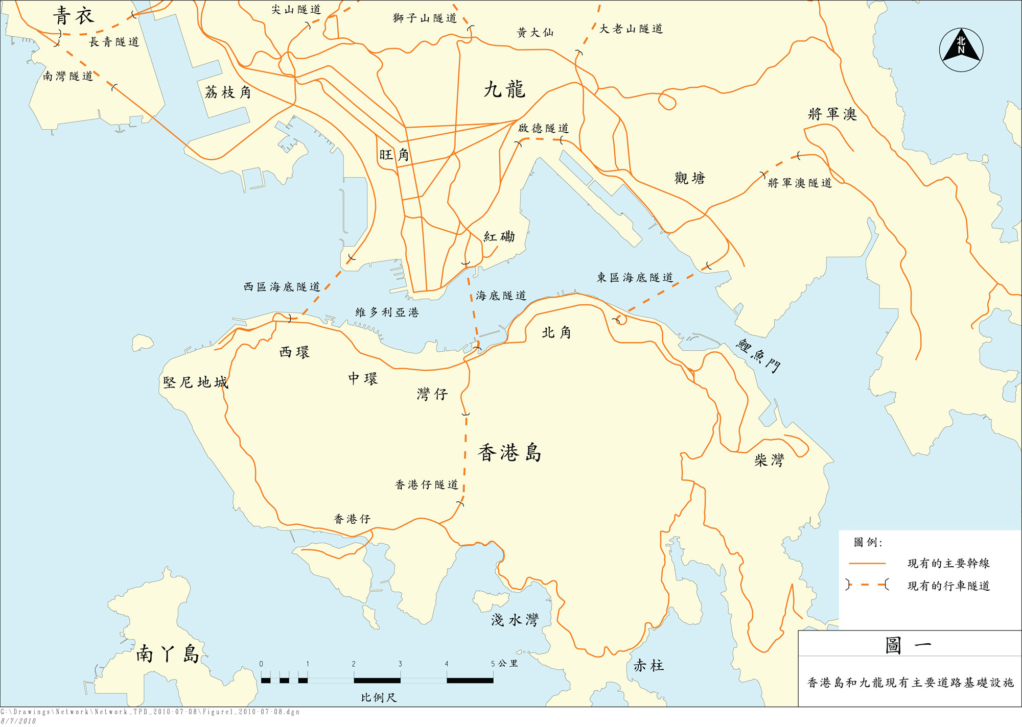 圖一展示香港島和九龍現有主要道路基礎設施
