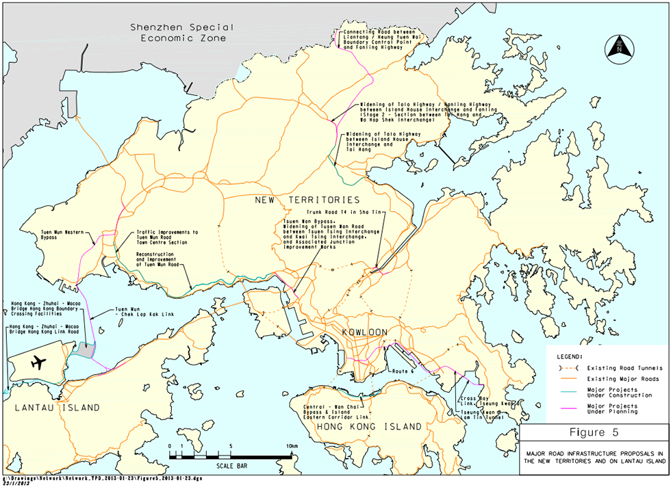 Figure 5 shows the major road infrastructure proposals in the New Territories and on Lantau Island. Description text is below the figure. For project details, please click Table 1.2. 