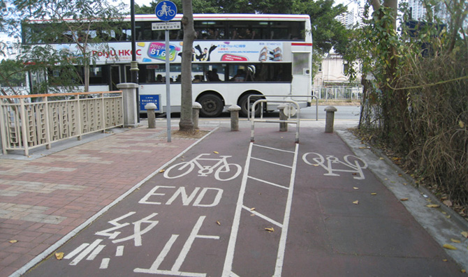 Example of traffic sign and road marking arrangement at termination / commencement of cycle track / footpath / carriageway